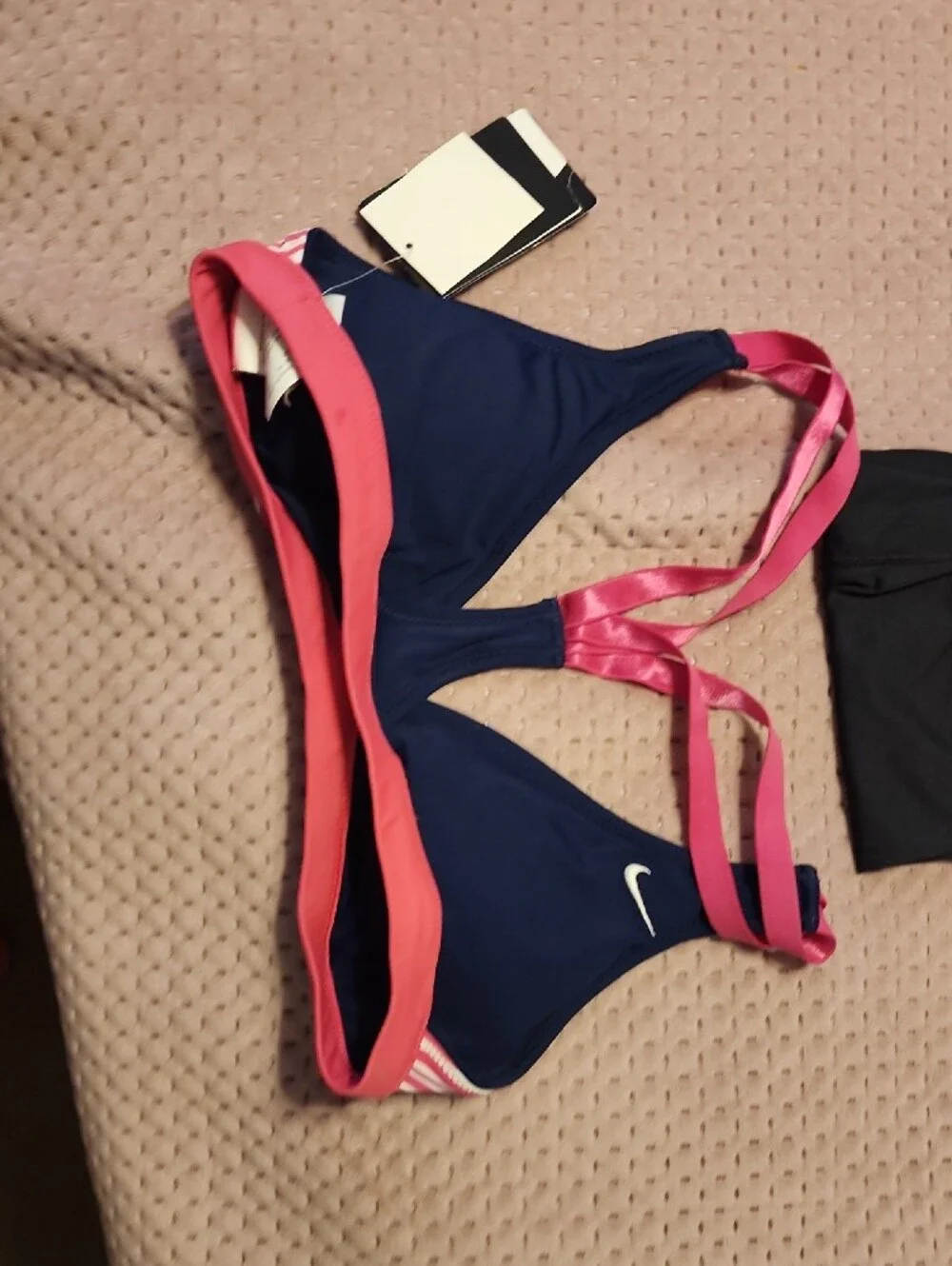 Nike Women’s Pink Patterned Bikini Top with Black Swim Shorts